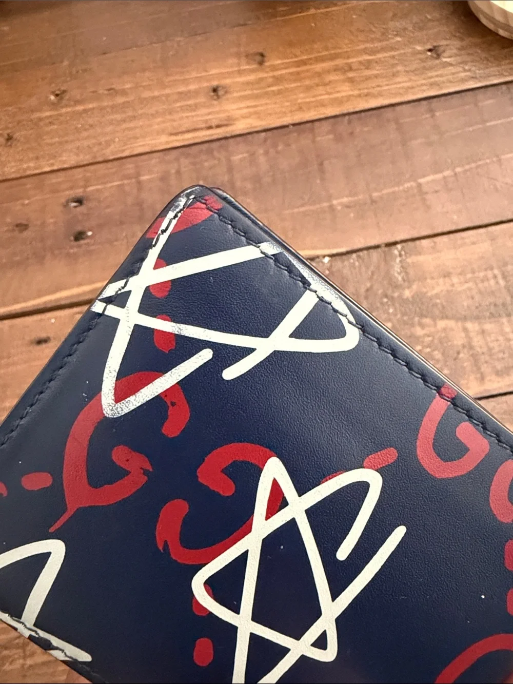 Gucci Navy Blue Wallet with Red GG and White Star Graphics